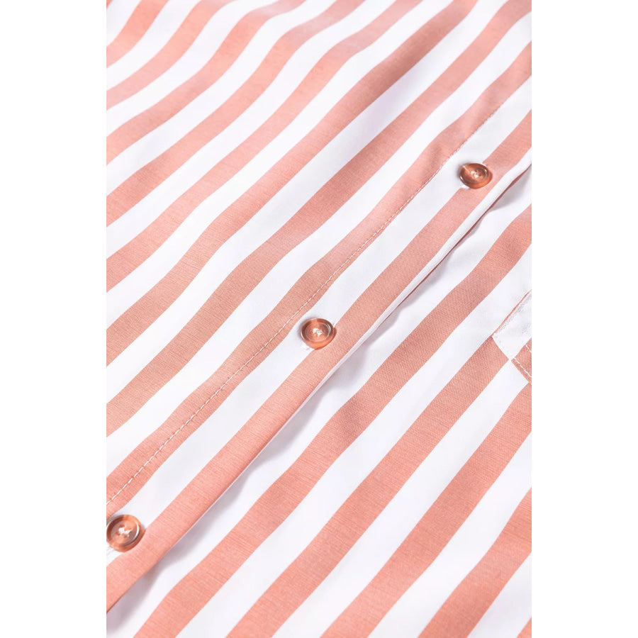 Stripe Collar Button Front Bracelet Sleeve Ruffle Hem Shirt Apparel and Accessories
