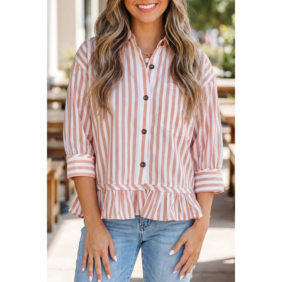 Stripe Collar Button Front Bracelet Sleeve Ruffle Hem Shirt Apparel and Accessories