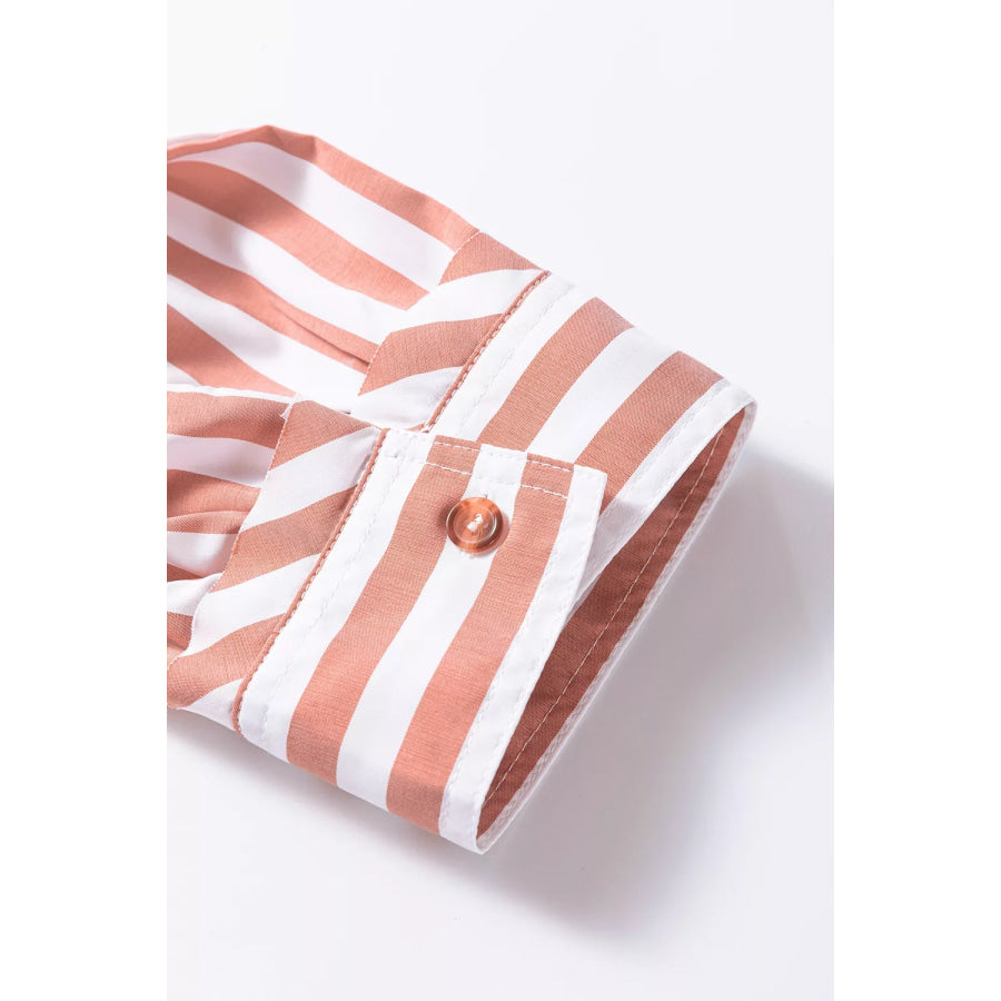 Stripe Collar Button Front Bracelet Sleeve Ruffle Hem Shirt Apparel and Accessories