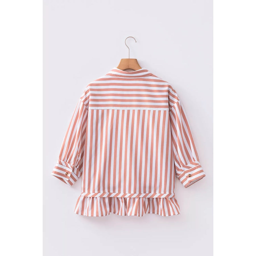 Stripe Collar Button Front Bracelet Sleeve Ruffle Hem Shirt Apparel and Accessories