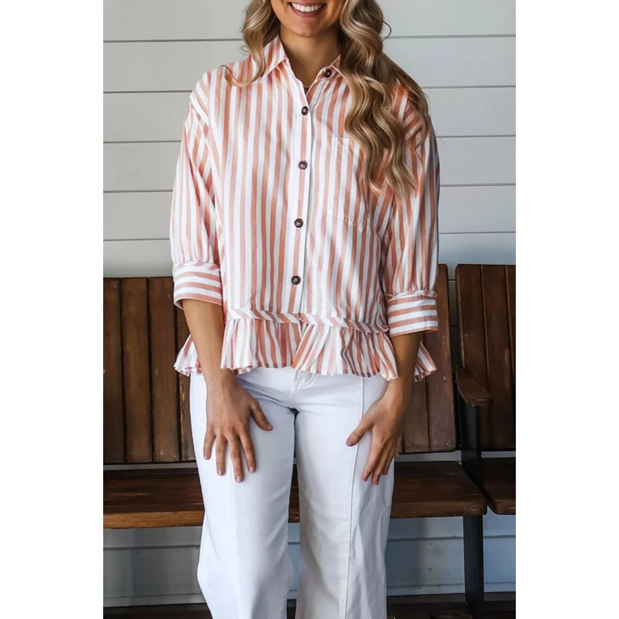 Stripe Collar Button Front Bracelet Sleeve Ruffle Hem Shirt Apparel and Accessories
