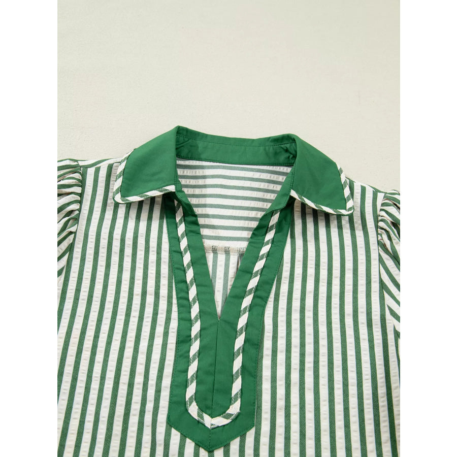 Stripe Collared Split Neck Short Bubble Sleeve Blouse Apparel and Accessories