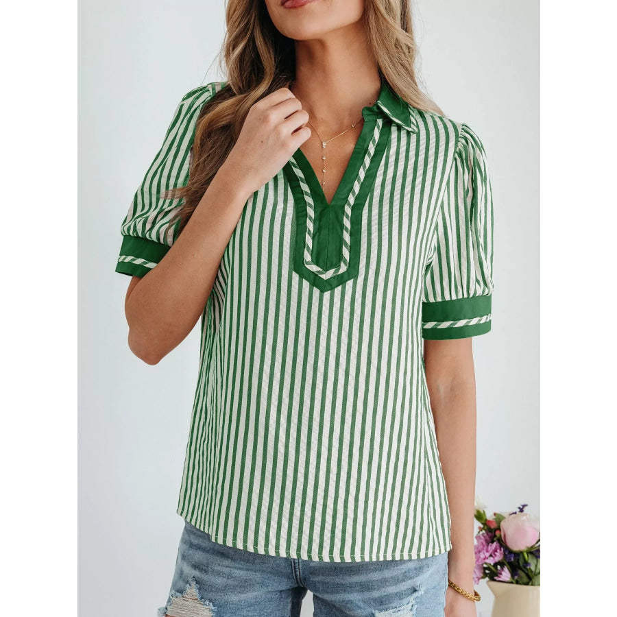 Stripe Collared Split Neck Short Bubble Sleeve Blouse Apparel and Accessories
