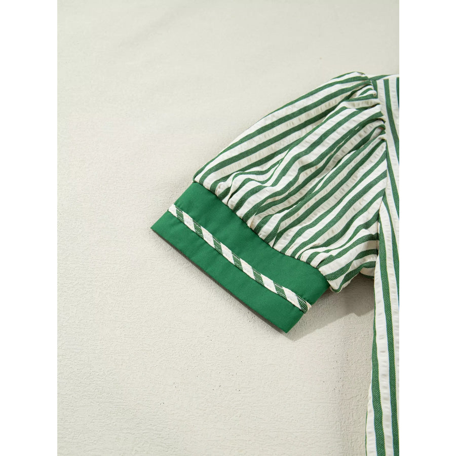 Stripe Collared Split Neck Short Bubble Sleeve Blouse Apparel and Accessories