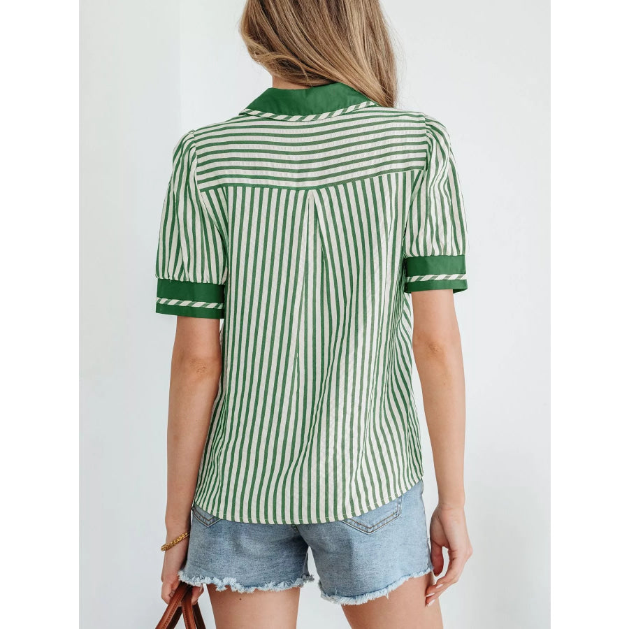 Stripe Collared Split Neck Short Bubble Sleeve Blouse Apparel and Accessories