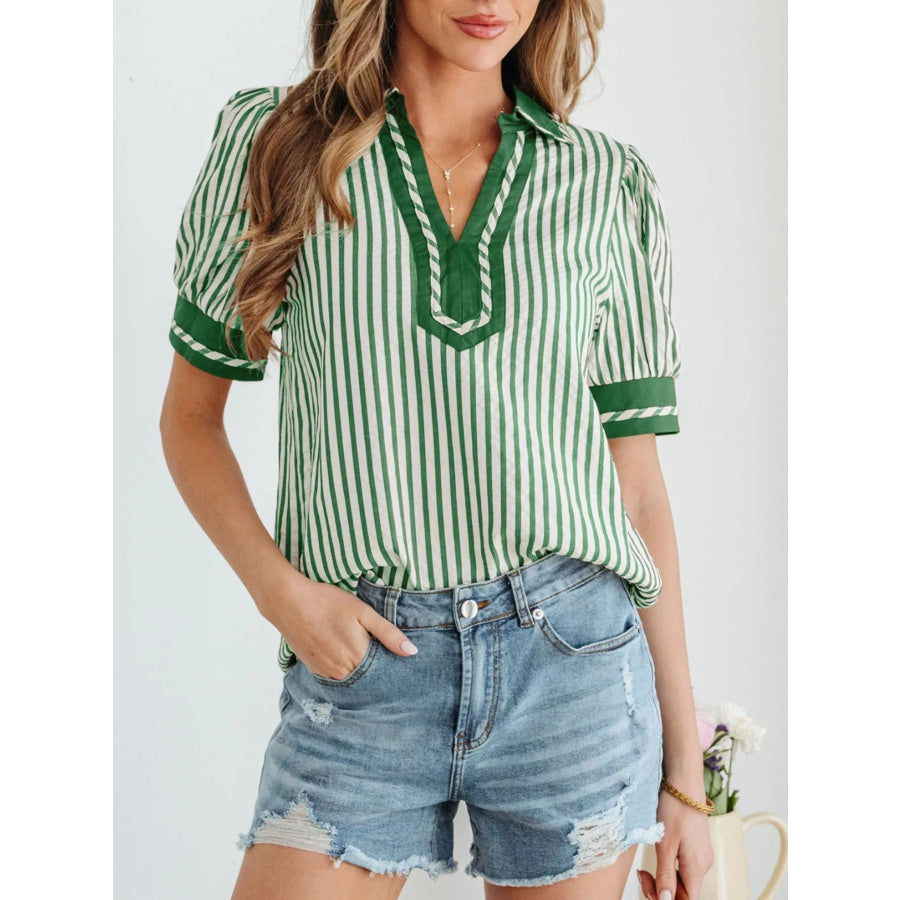 Stripe Collared Split Neck Short Bubble Sleeve Blouse Sage / S Apparel and Accessories