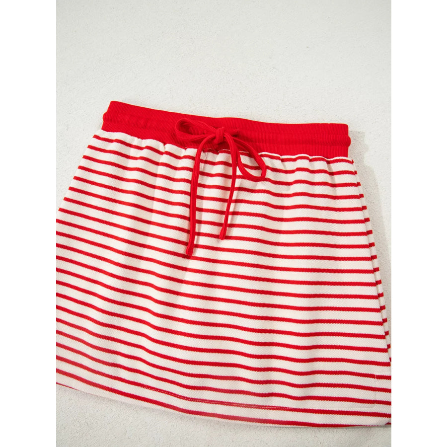 Stripe Collared V Neck Drop Shoulder Pullover and Skort 2pcs Outfit Apparel and Accessories