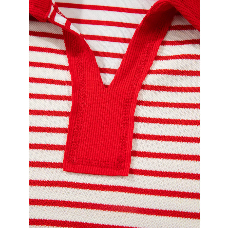 Stripe Collared V Neck Drop Shoulder Pullover and Skort 2pcs Outfit Apparel and Accessories