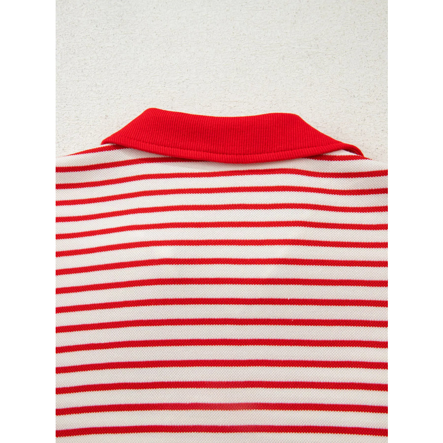 Stripe Collared V Neck Drop Shoulder Pullover and Skort 2pcs Outfit Apparel and Accessories
