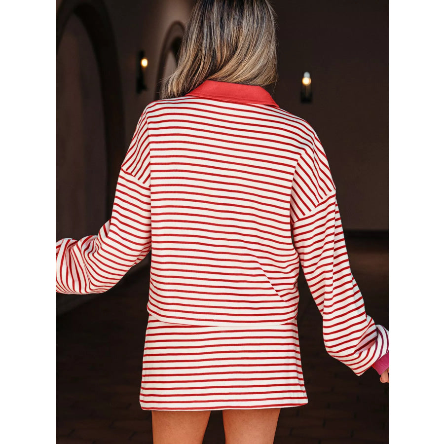 Stripe Collared V Neck Drop Shoulder Pullover and Skort 2pcs Outfit Apparel and Accessories