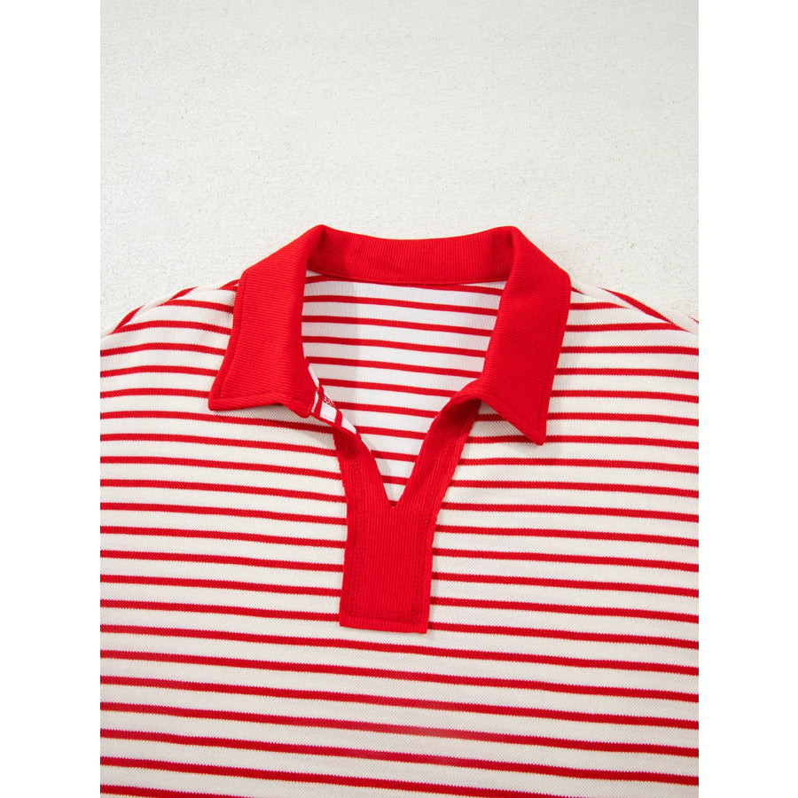 Stripe Collared V Neck Drop Shoulder Pullover and Skort 2pcs Outfit Apparel and Accessories