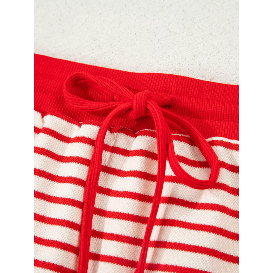 Stripe Collared V Neck Drop Shoulder Pullover and Skort 2pcs Outfit Apparel and Accessories
