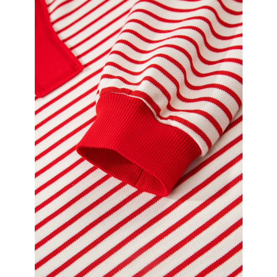 Stripe Collared V Neck Drop Shoulder Pullover and Skort 2pcs Outfit Apparel and Accessories
