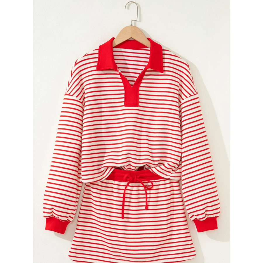 Stripe Collared V Neck Drop Shoulder Pullover and Skort 2pcs Outfit Apparel and Accessories