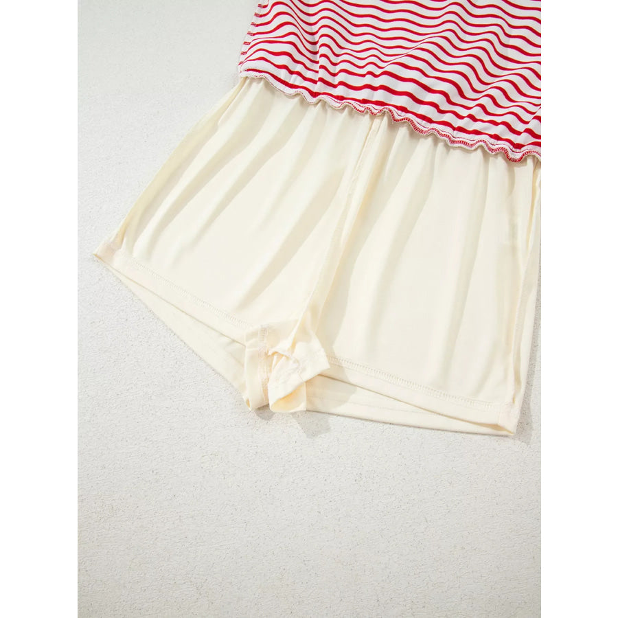Stripe Collared V Neck Drop Shoulder Pullover and Skort 2pcs Outfit Apparel and Accessories