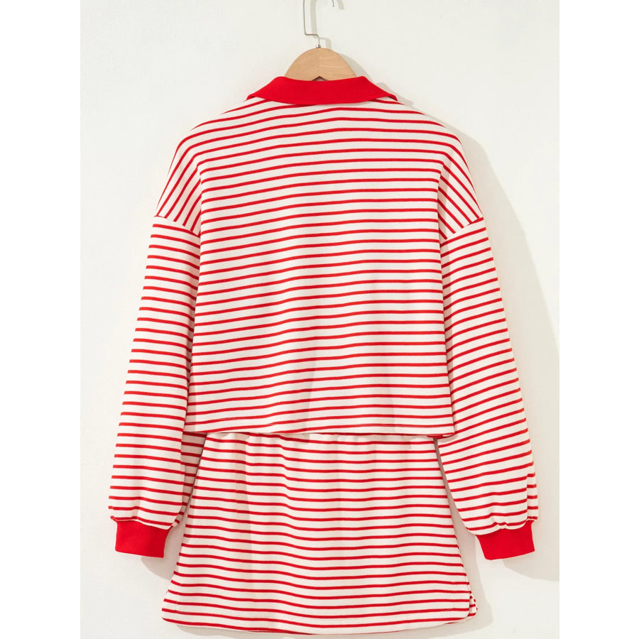 Stripe Collared V Neck Drop Shoulder Pullover and Skort 2pcs Outfit Apparel and Accessories