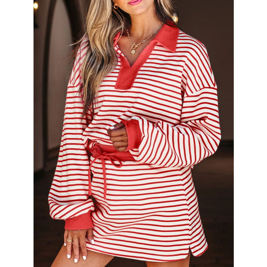 Stripe Collared V Neck Drop Shoulder Pullover and Skort 2pcs Outfit Apparel and Accessories