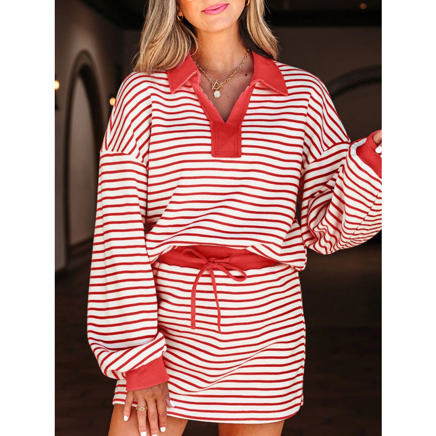 Stripe Collared V Neck Drop Shoulder Pullover and Skort 2pcs Outfit Orange-Red / S Apparel and Accessories