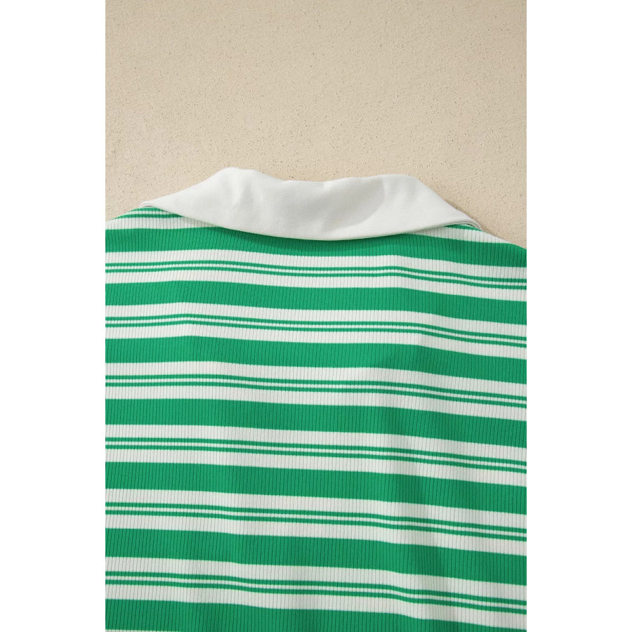 Stripe Collared V Neck Short Sleeve T Shirt Midi Dress with Pockets Apparel and Accessories