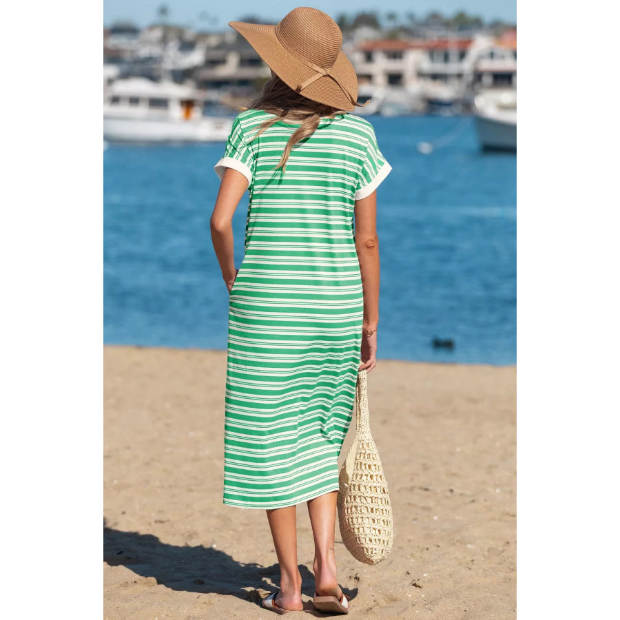 Stripe Collared V Neck Short Sleeve T Shirt Midi Dress with Pockets Apparel and Accessories