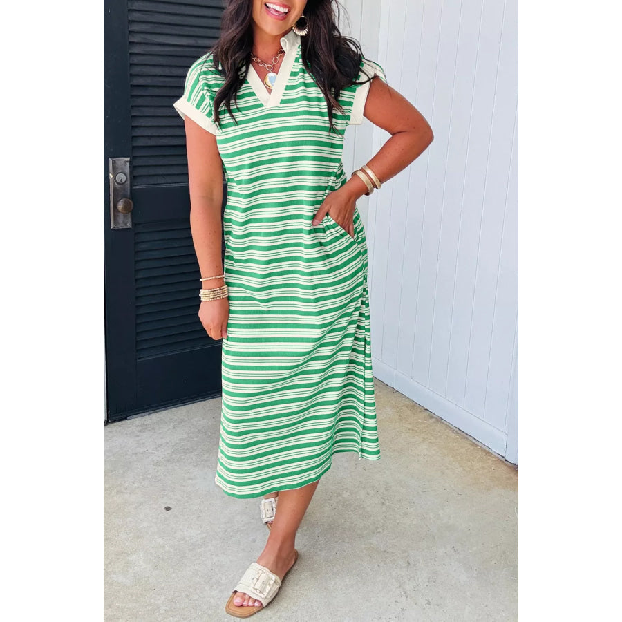 Stripe Collared V Neck Short Sleeve T Shirt Midi Dress with Pockets Light Green / S Apparel and Accessories