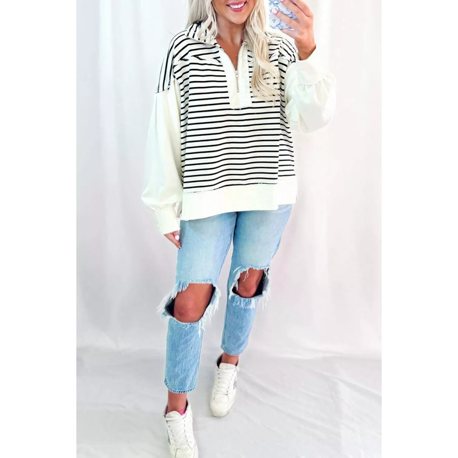 Stripe Color Block Long Puff Sleeve Metal Zip-Up Collar Top Apparel and Accessories