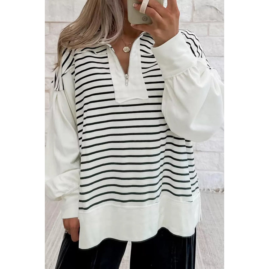 Stripe Color Block Long Puff Sleeve Metal Zip-Up Collar Top Stripe / S Apparel and Accessories
