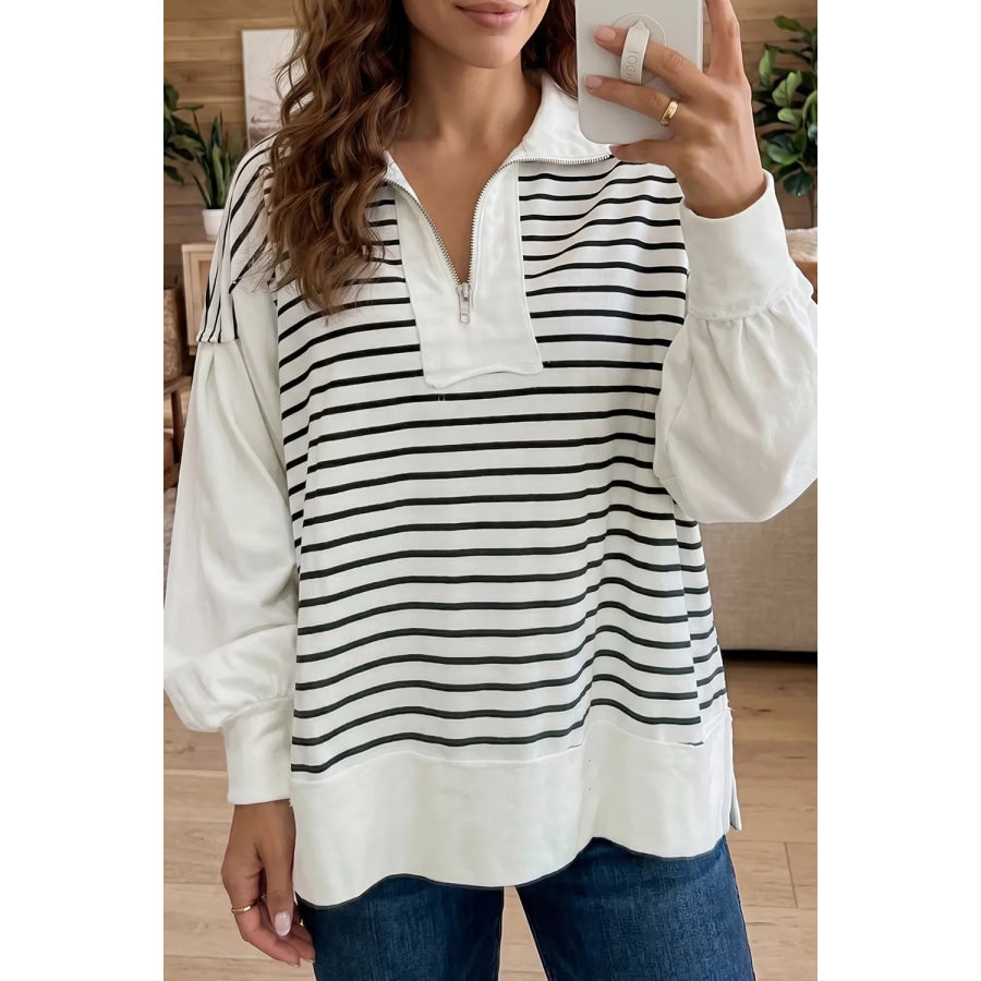 Stripe Color Block Long Puff Sleeve Metal Zip-Up Collar Top Stripe / S Apparel and Accessories