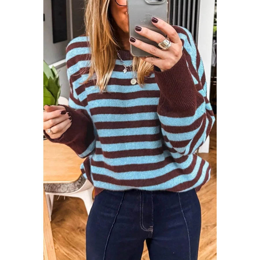 Stripe Color Block Loose Crew Neck Cuffed Sweater Apparel and Accessories