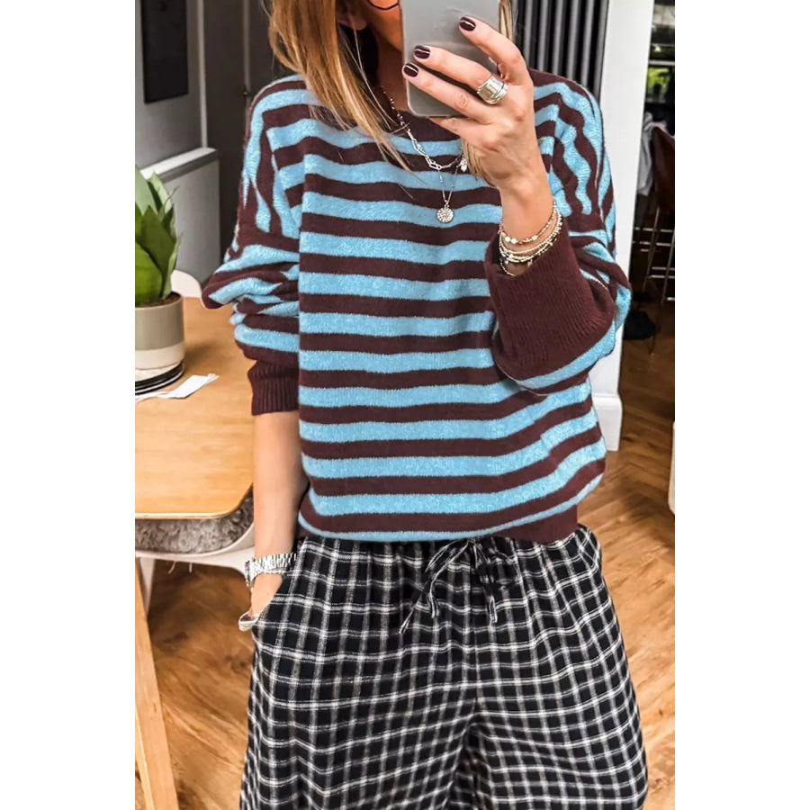 Stripe Color Block Loose Crew Neck Cuffed Sweater Apparel and Accessories