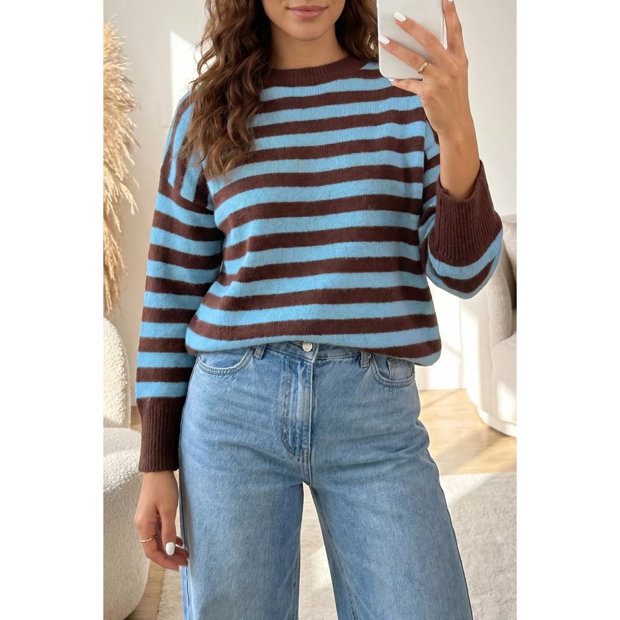Stripe Color Block Loose Crew Neck Cuffed Sweater Apparel and Accessories