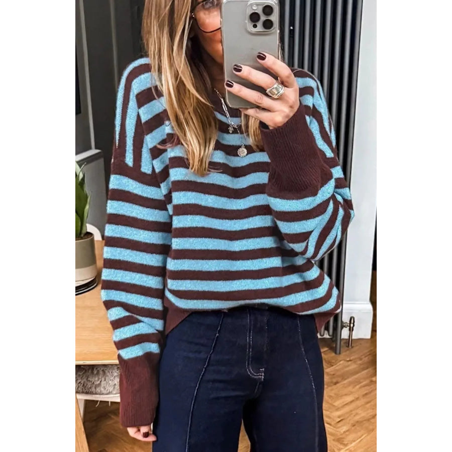 Stripe Color Block Loose Crew Neck Cuffed Sweater Dusty Blue / S Apparel and Accessories