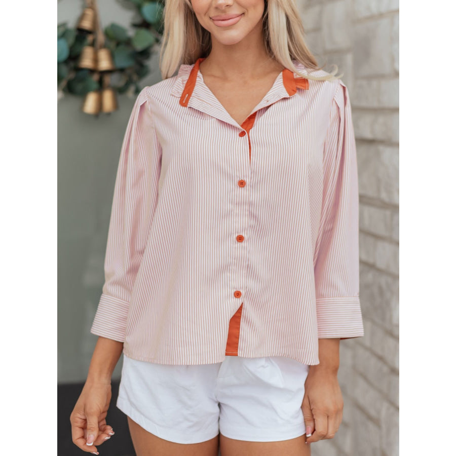 Stripe Color Block Patchwork Detail Frilled Collar Button Down Shirt Apparel and Accessories