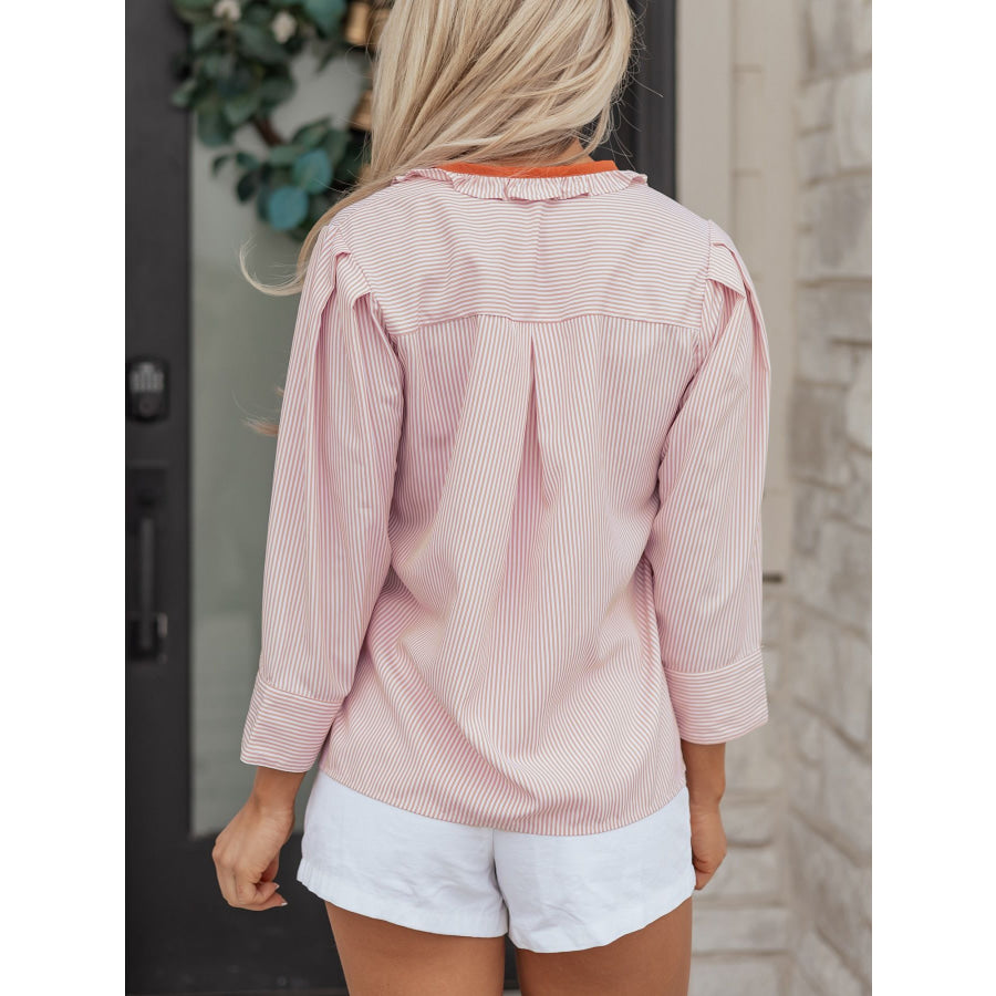 Stripe Color Block Patchwork Detail Frilled Collar Button Down Shirt Apparel and Accessories