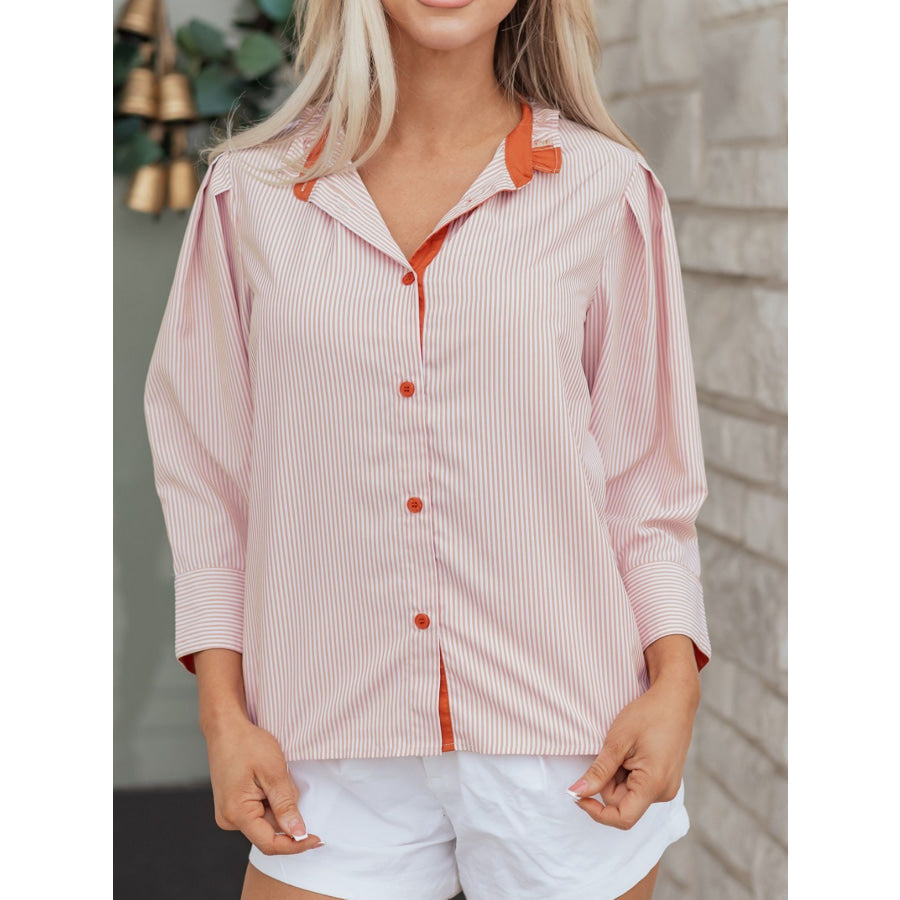 Stripe Color Block Patchwork Detail Frilled Collar Button Down Shirt Sherbet / S Apparel and Accessories
