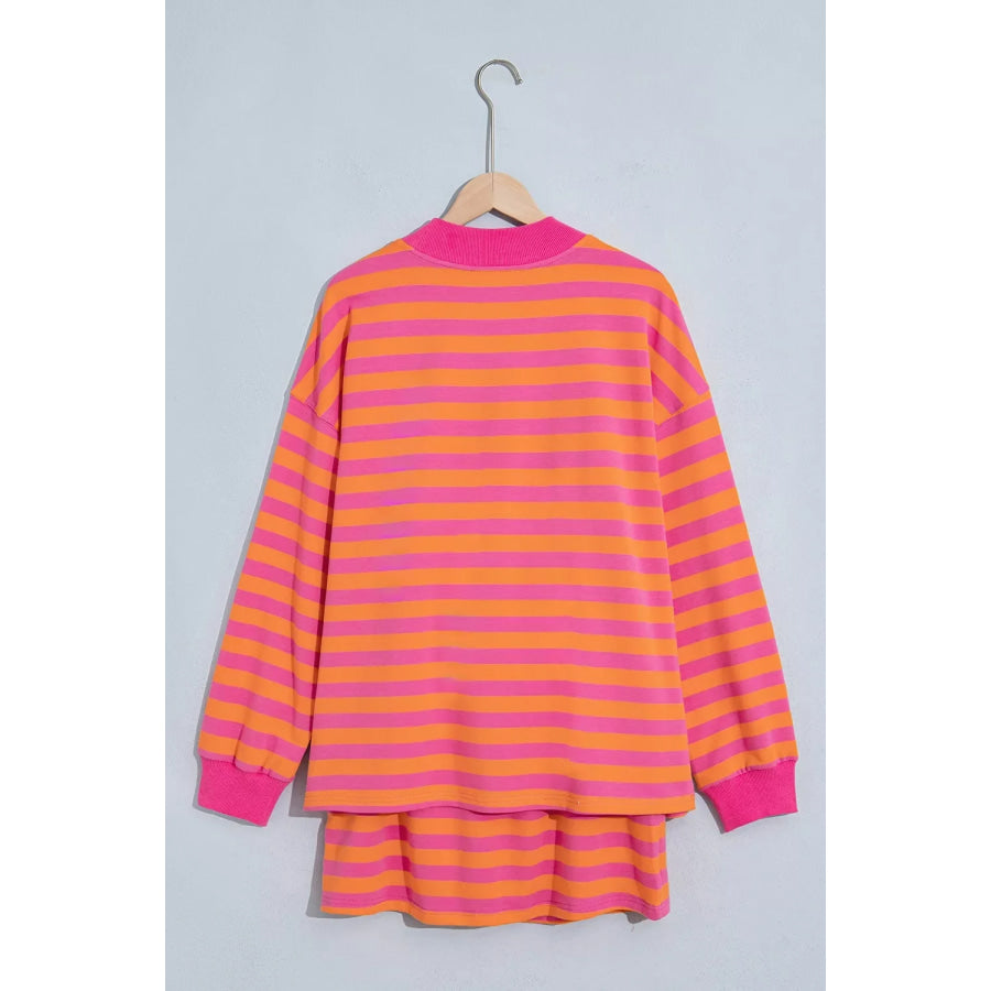 Stripe Color Block Patchwork Mock Neck Pullover Drawstring Mini Skort Set Apparel and Accessories