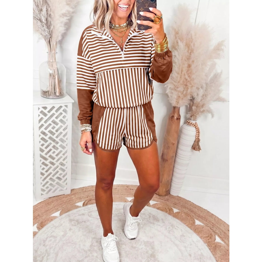 Stripe Color Block Patchwork Quarter Zip Pullover Sporty Shorts Set Apparel and Accessories