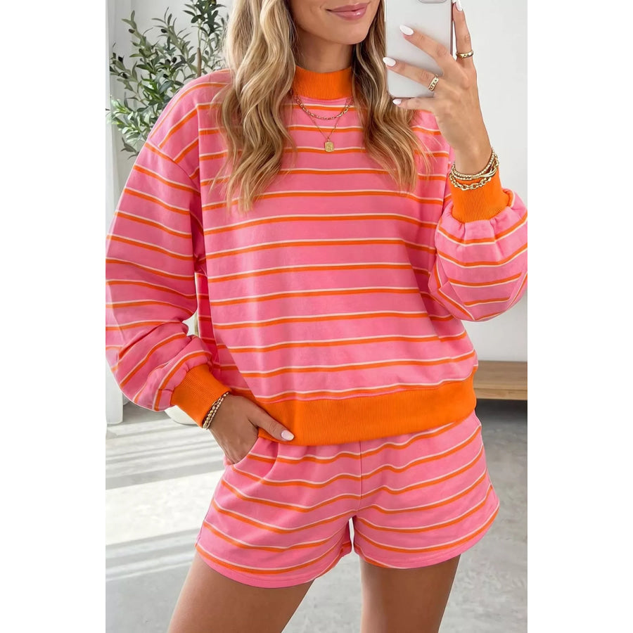 Stripe Color Block Trim Long Sleeve Pullover Pocketed Shorts 2pcs Set Burnt Coral / M Apparel and Accessories