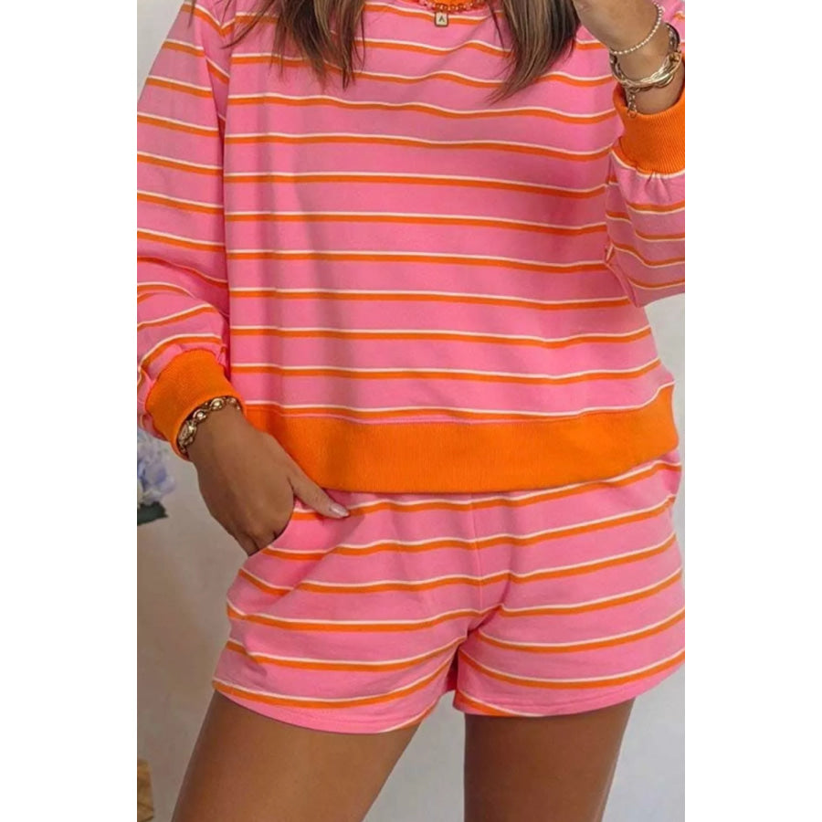 Stripe Color Block Trim Long Sleeve Pullover Pocketed Shorts 2pcs Set Apparel and Accessories
