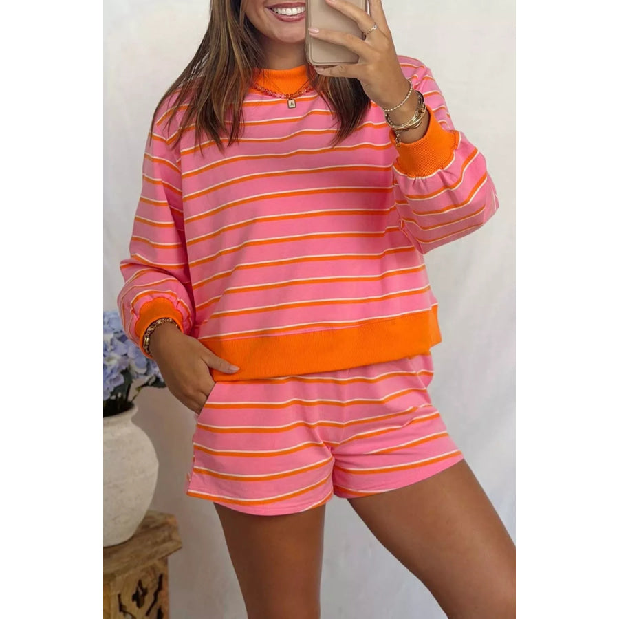 Stripe Color Block Trim Long Sleeve Pullover Pocketed Shorts 2pcs Set Burnt Coral / M Apparel and Accessories