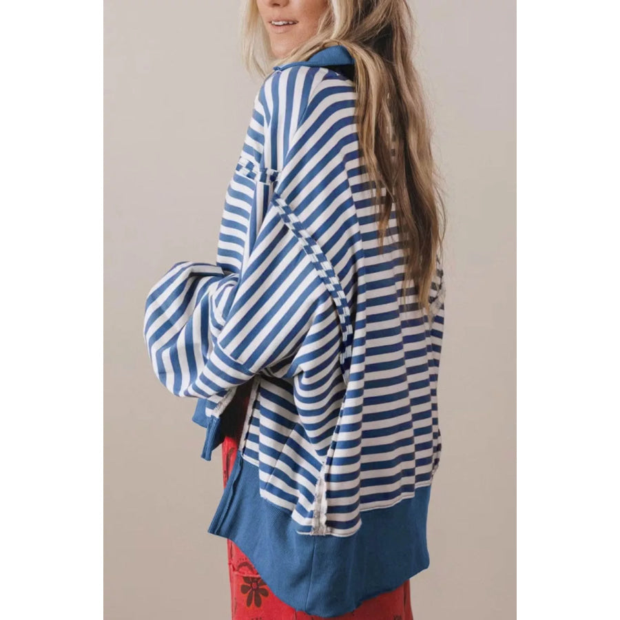 Stripe Color Block Trim Raw Seam Split Hem Loose Sweatshirt Apparel and Accessories