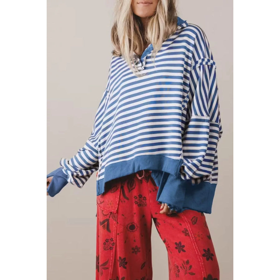 Stripe Color Block Trim Raw Seam Split Hem Loose Sweatshirt Apparel and Accessories