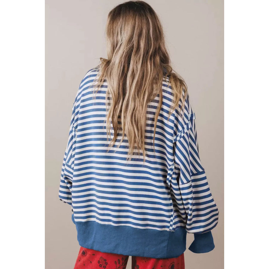 Stripe Color Block Trim Raw Seam Split Hem Loose Sweatshirt Apparel and Accessories
