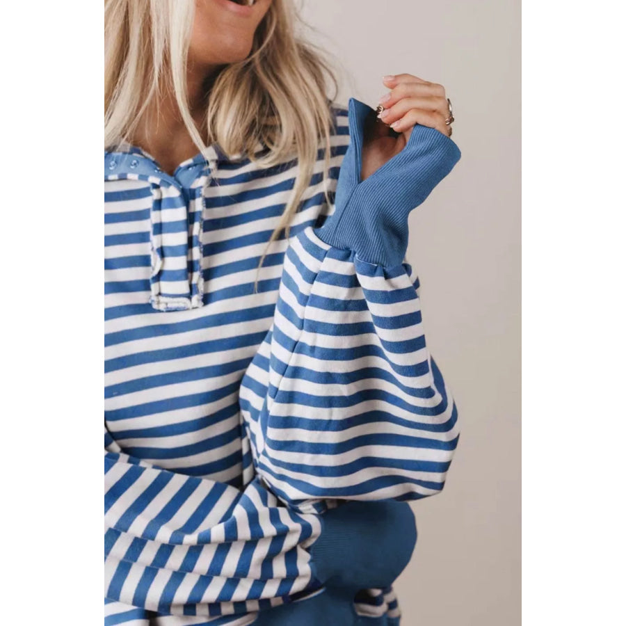 Stripe Color Block Trim Raw Seam Split Hem Loose Sweatshirt Apparel and Accessories