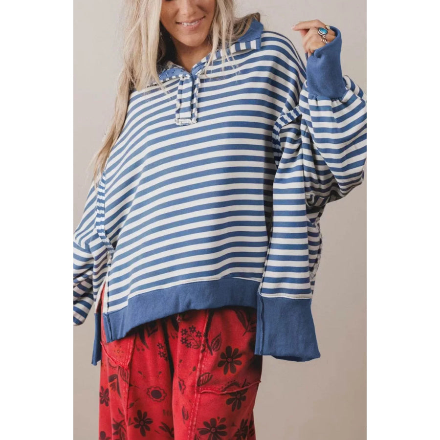Stripe Color Block Trim Raw Seam Split Hem Loose Sweatshirt Apparel and Accessories