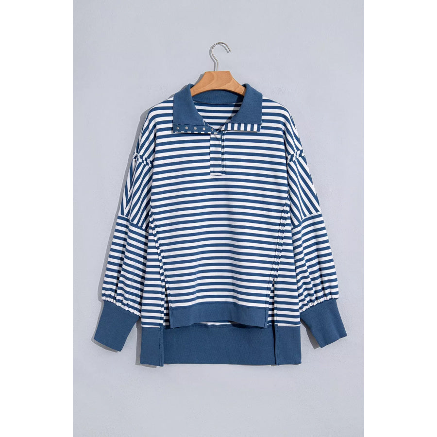 Stripe Color Block Trim Raw Seam Split Hem Loose Sweatshirt Apparel and Accessories