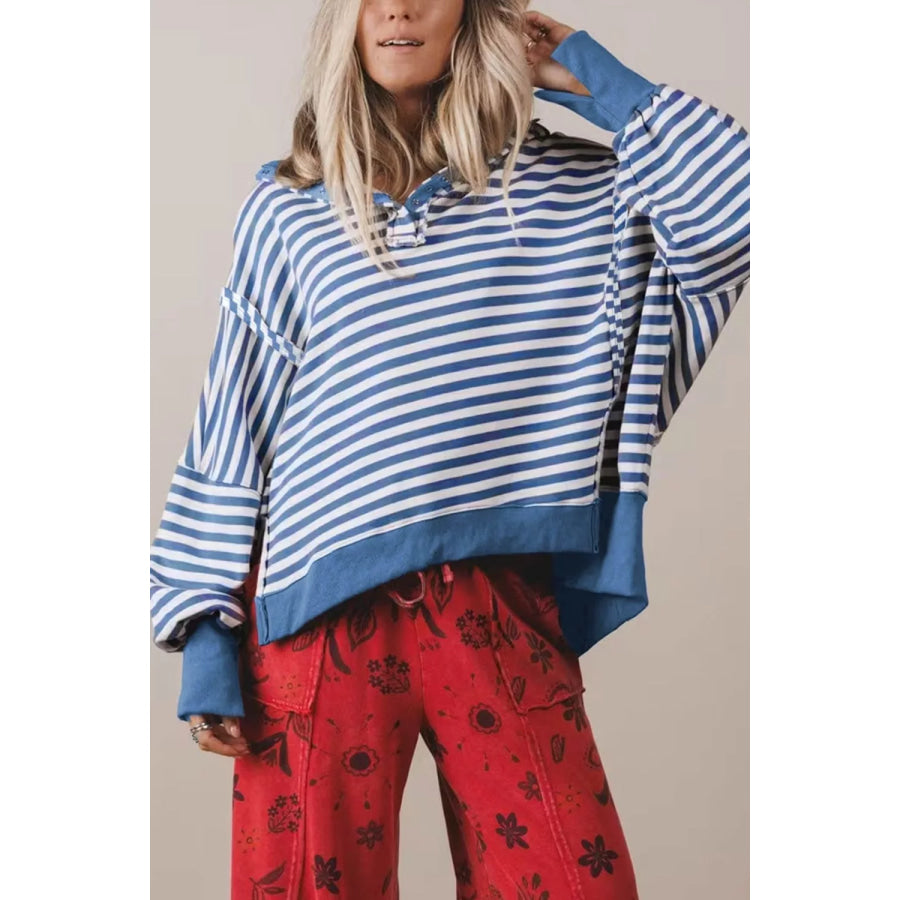 Stripe Color Block Trim Raw Seam Split Hem Loose Sweatshirt Dusty Blue / S Apparel and Accessories