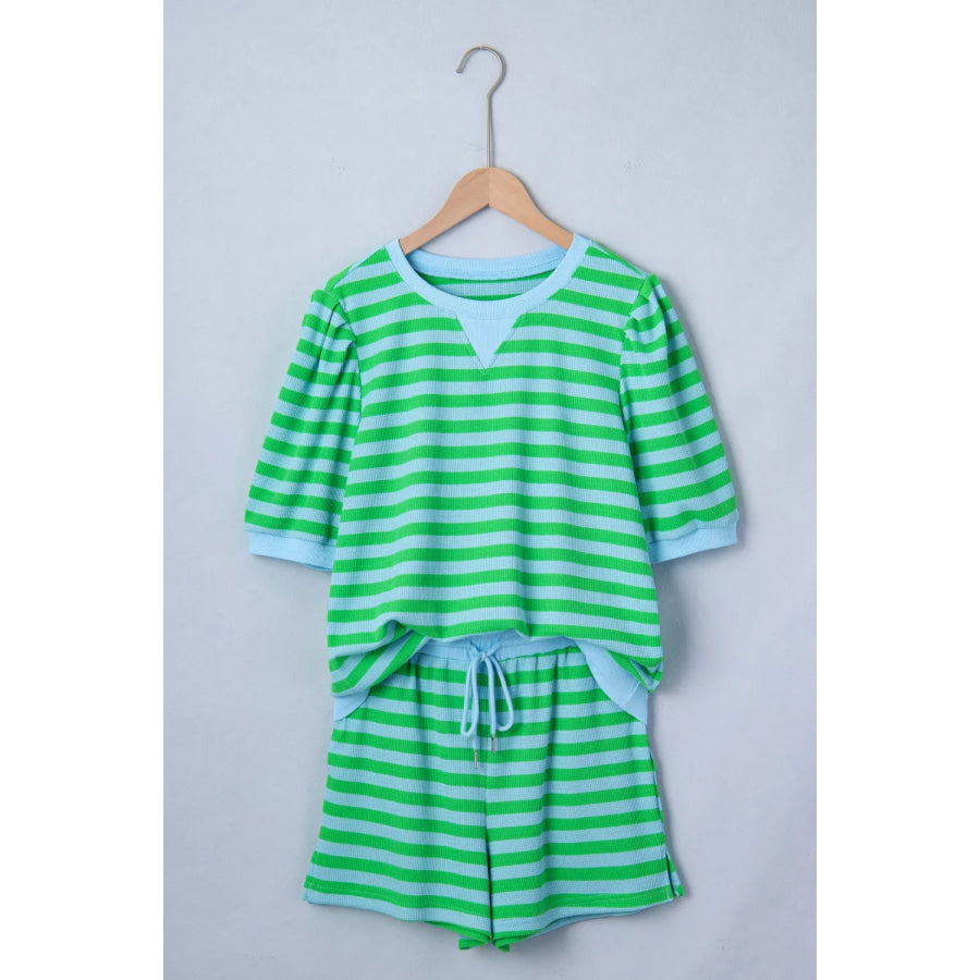 Stripe Colorblock Detail Puff Sleeve Top Drawstring Shorts 2pcs Outfit Apparel and Accessories