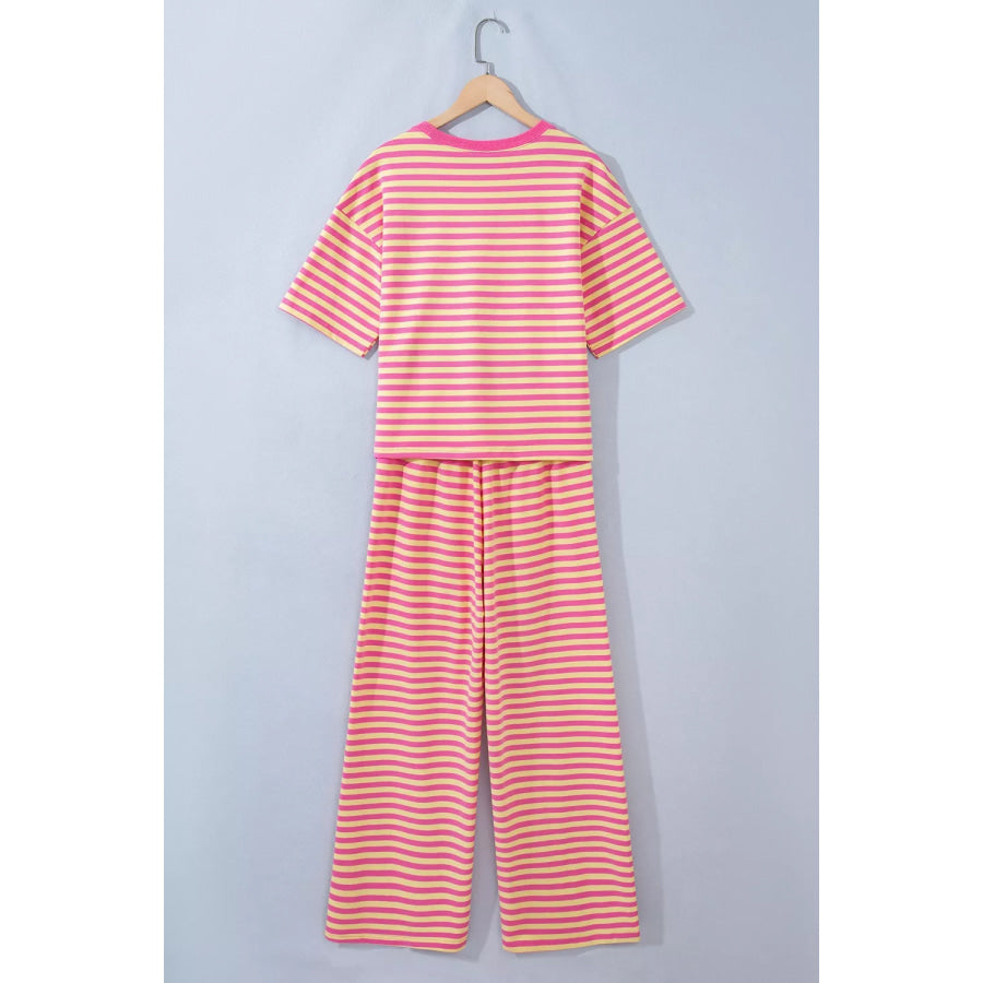 Stripe Colorblock Trim Crew Neck Loose Tee Drawstring Elastic Waist 2pcs Pant Set Apparel and Accessories