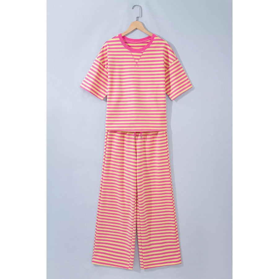Stripe Colorblock Trim Crew Neck Loose Tee Drawstring Elastic Waist 2pcs Pant Set Apparel and Accessories